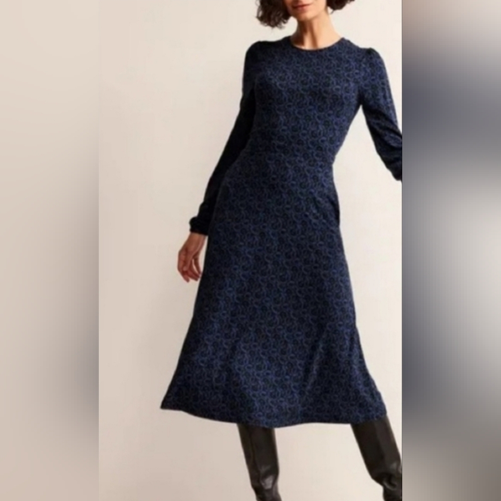 Boden Dark Navy Patterned Long Sleeve Midi Dress
